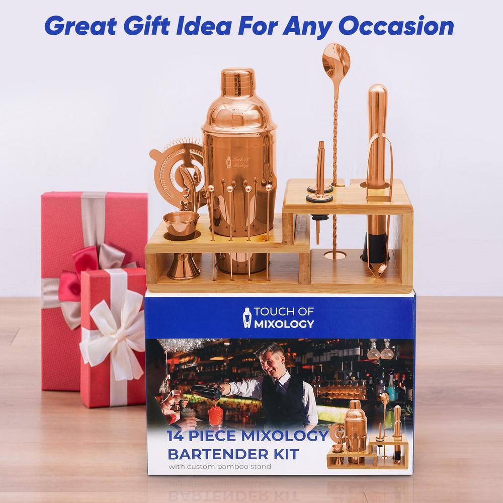 Rose Gold Stainless Steel Bartender Kit with Bamboo Stand