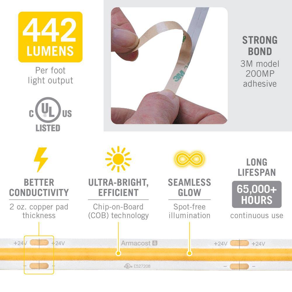 16 ft White COB LED Strip Light Tape with 4000K Bright White