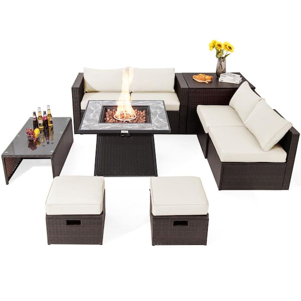 HONEY JOY 35 in. 9-Piece Wicker Patio Fire Pit Set Space-Saving Sectional Sofa Set with Storage Box and White Cushions