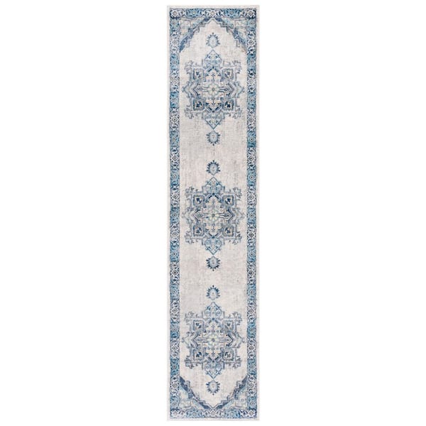 Brentwood 2 ft. x 9 ft. Aqua/Light Gray Floral Medallion Ornate Runner Rug
