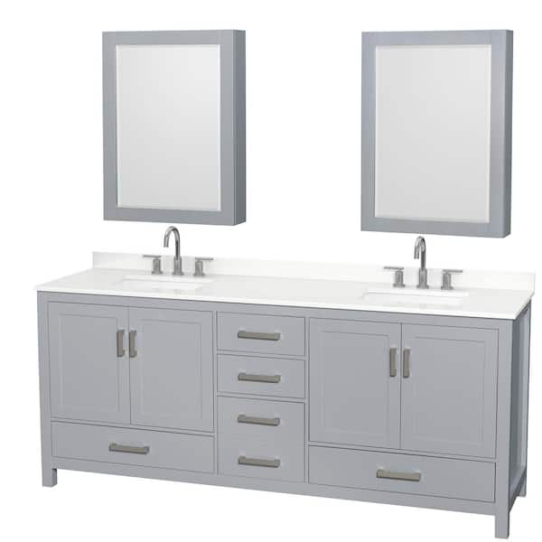 Wyndham Collection Sheffield 80 in. W x 22 in. D x 35 in. H Double Bath Vanity in Gray with White Quartz Top and Mirror