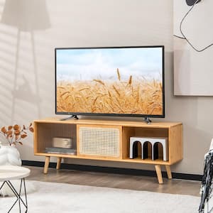 Natural Fits TVs up to 55 in. Modern TV Stand Entertainment Center Media Console With Rattan Glass Sliding Doors