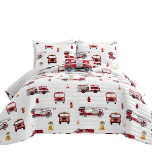 4-Piece Make A Wish Red/White Fire Truck Full/Queen Polyester Quilt Set