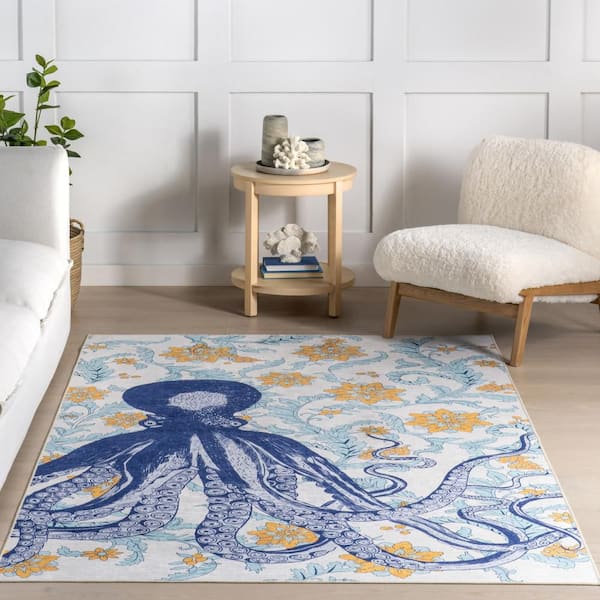 nuLOOM Molly Octopus Spill Proof Washable Blue 4 ft. x 6 ft