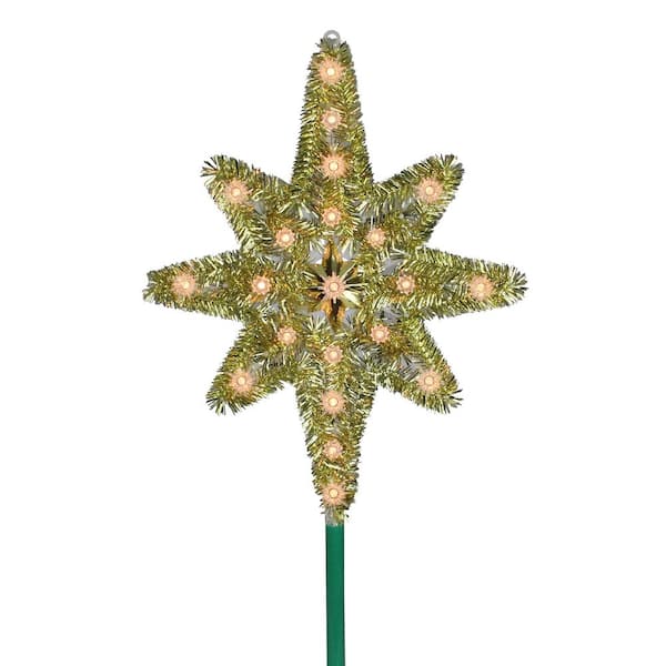 21 in. Gold Tinsel Star of Bethlehem Christmas Tree Topper in Clear Lights