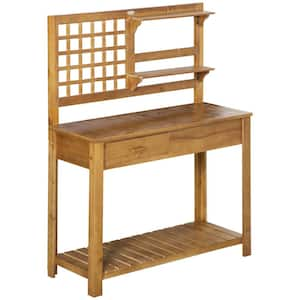 Wooden Potting Bench Table, Garden Work Bench with Tiers of Shelves and Drawer for Patio, Courtyards, Balcony, Brown