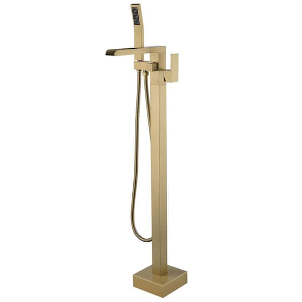 1-Handle Freestanding Floor Mount Tub Faucet Bathtub Filler with Hand Shower Waterfall in Gold