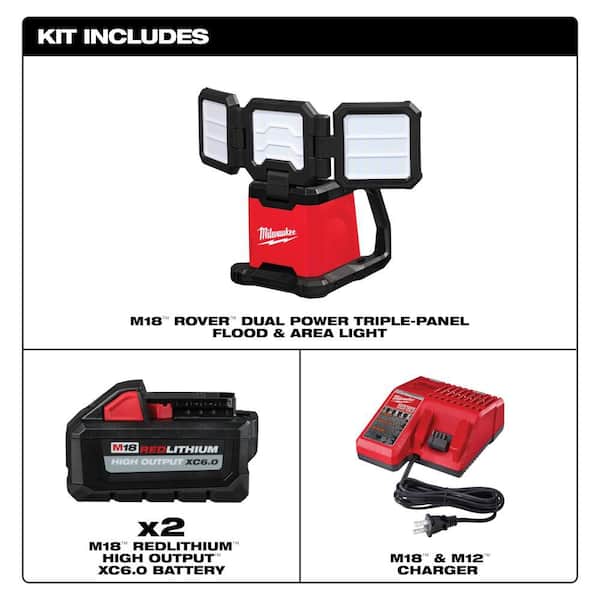 M18 18-Volt Lith-Ion Cordless 4500 Lumens ROVER Dual Power Triple-Panel Flood & Area Light w/ (2) Battery & Charger Kit