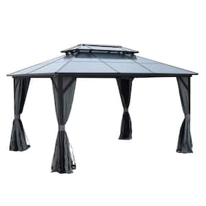13 ft. x 10 ft. Black Hardtop Polycarbonate Double Top Gazebos with Mosquito Nets and 2-tier Side Canopies
