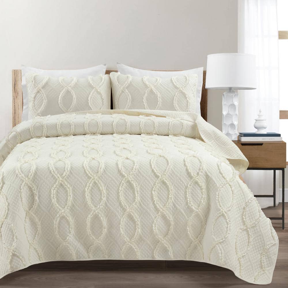 Ivory Full/Queen Microfiber Textured Quilt Set