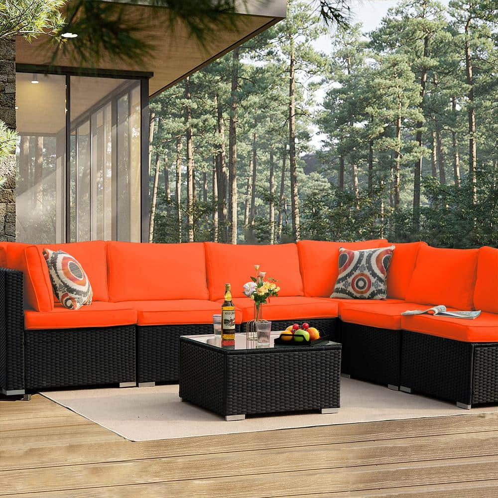 Cesicia 7-Piece Wicker Outdoor Sectional Set With Orange Cushions And ...