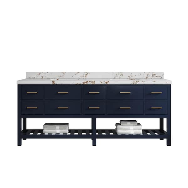 Willow Collections Parker 84 in. Double Sink Freestanding Navy Blue Bath Vanity with Regular Viola Brown Qt. Top Unassembled