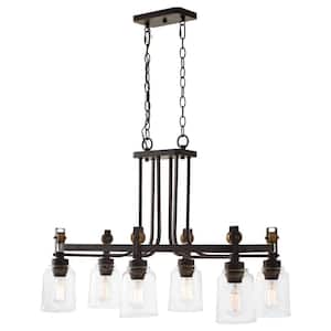 Knollwood 32 in. 6-Light Blackened Bronze Industrial Round Chandelier with Brass Accents and Clear Glass Shades