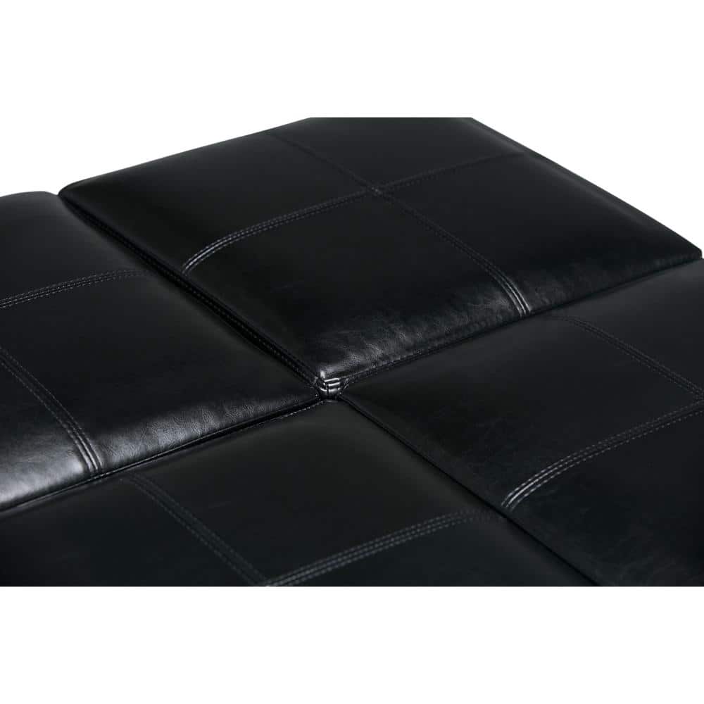Midnight Black Faux Leather Coffee Table Ottoman with Trays