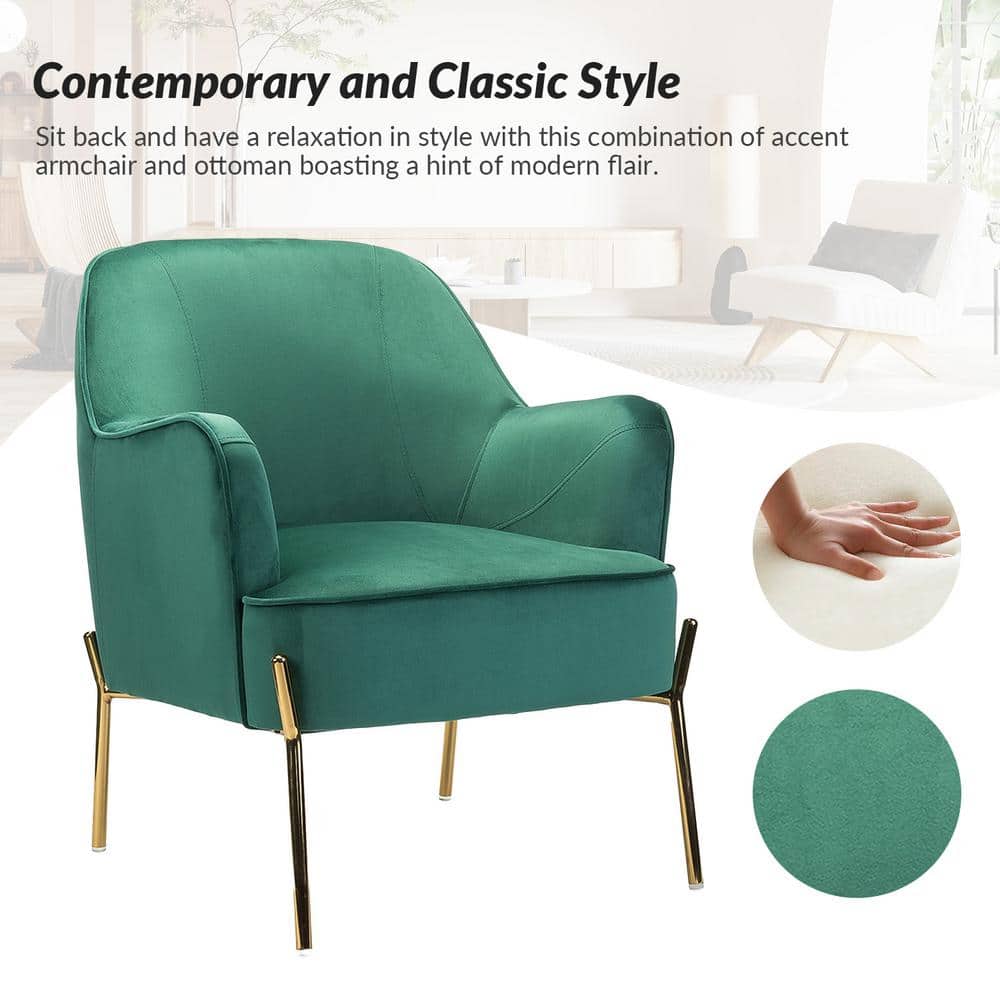 Elegant Mid-Century Green Velvet Accent Chair with Golden Legs