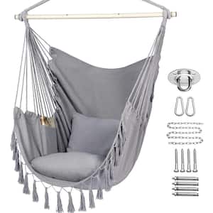 Hammock Chair Hanging Rope Swing, Maximum 500 lbs. 2-Cushions Included, Large Macrame Hanging Chair in Light Grey