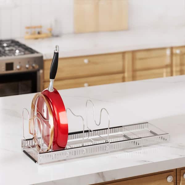 Wall Mounted Expandable Adjustable Divider Pot Rack, Pot Lid Organizer Holder with 12 Adjustable Compartment, in Silver