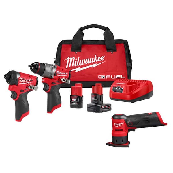 Milwaukee M12 FUEL 12V Lithium-Ion Brushless Cordless Hammer Drill and Impact Driver Combo Kit w/Cordless Orbital Detail Sander