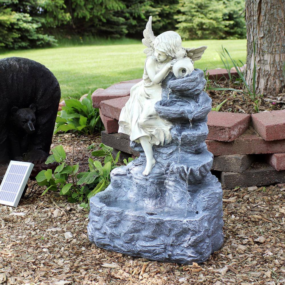 Angel Falls Gray Polyresin Solar Water Fountain with LED Light
