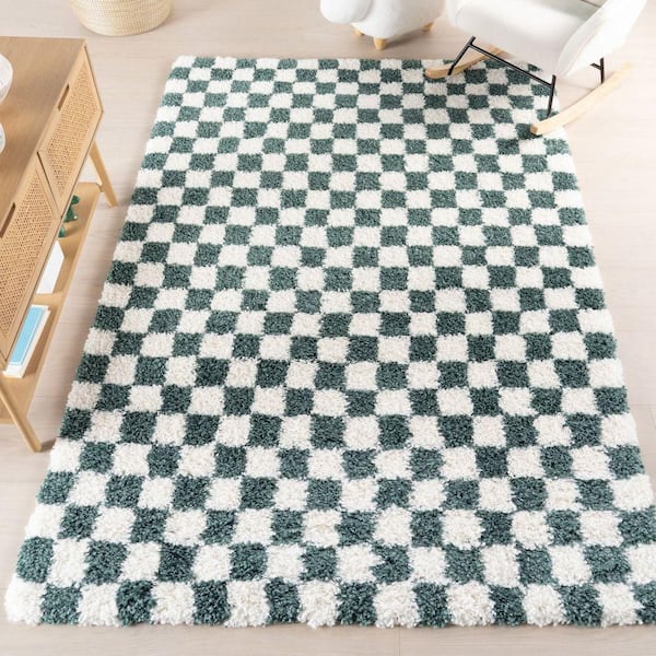 Bettie Retro Checkered Shag Green 10 ft. x 14 ft. Indoor Area Rug