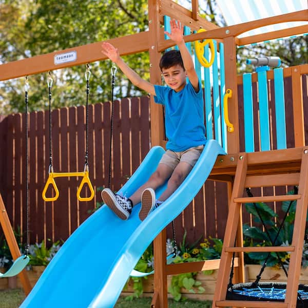Teamson Kids Laguna Wooden Playset with Belt and Web Swing Slide