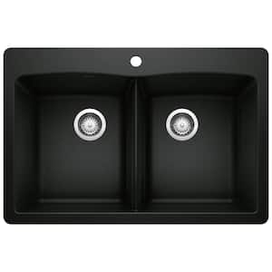DIAMOND Coal Black Granite Composite 33 in. Double Bowl Drop-In/Undermount Kitchen Sink