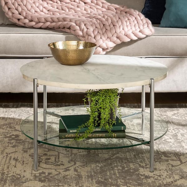 Walker Edison Furniture Company 32 in. White/Chrome Medium Round Faux Marble Coffee Table with Shelf