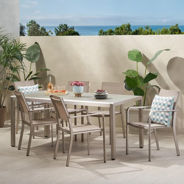 Noble House Gaven 30 in. Silver 7-Piece Metal Rectangular Outdoor Dining Set