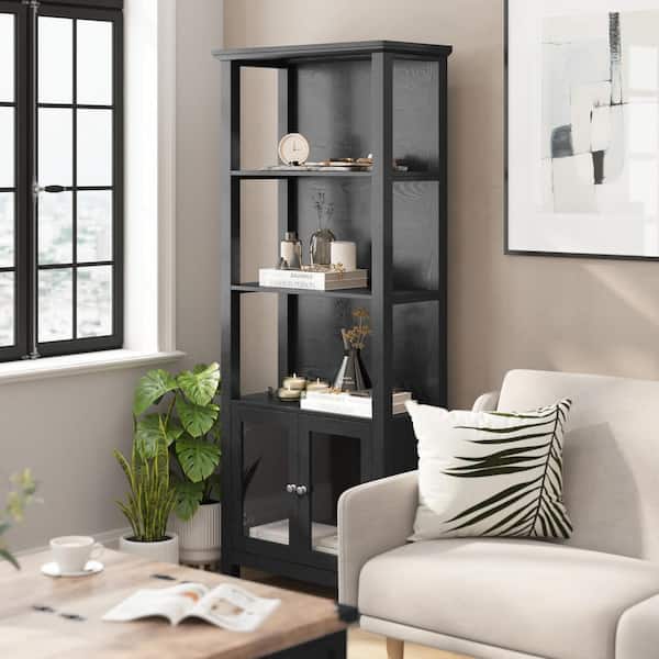 Wills 67.75 in. Tall Black Metal 3-Shelf Bookcase with Glass Door Storage Cabinet and Open Shelves