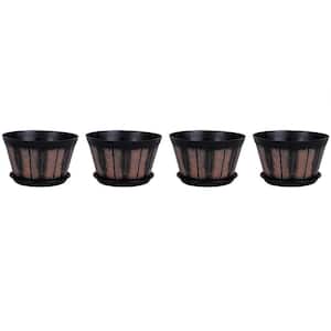 8 in. Brown Plastic Whiskey Barrel Plant Pots with Drainage Holes & Saucer for Indoor & Outdoor in Set of 4