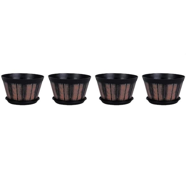ITOPFOX 8 in. Brown Plastic Whiskey Barrel Plant Pots with Drainage Holes & Saucer for Indoor & Outdoor in Set of 4