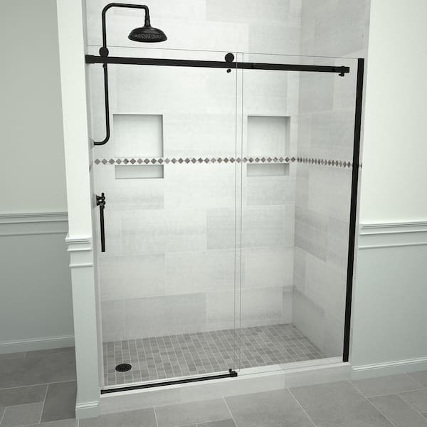 Tile Redi Redi Slide 5300 59 in. W x 76 in. H Semi-Frameless Sliding Shower Door in Matte Black with Handle and Clear Glass