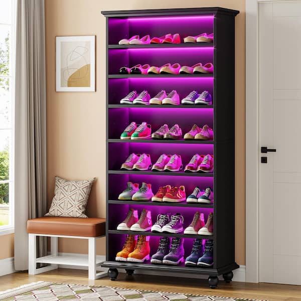 Lauren 68.9 in. H x 28.35 in. W Black Wood Shoe Storage Cabinet with LED Lighting and Open Shelf, 8-Tiers