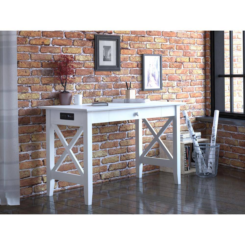48" White Solid Wood Writing Desk with Charging Drawer