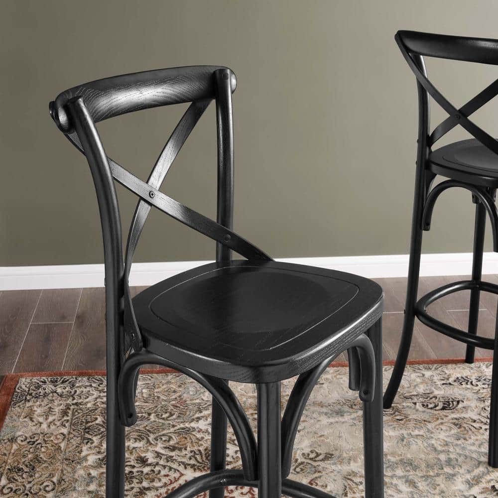 Modern Farmhouse Elm Wood Bar Stool with X-Brace Back in Black