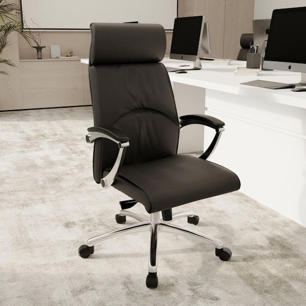 Vantage Leather High-Back Office Chair in Polished Aluminum Adjustable Height, Swivel and Tilt Conference Chair in Black