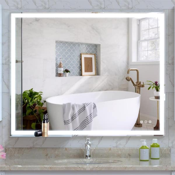 Zeus & Ruta 40 in. W x 32 in. H Rectangular Aluminum Framed LED Light Anti-Fog Wall Bathroom Vanity Mirror with Tray