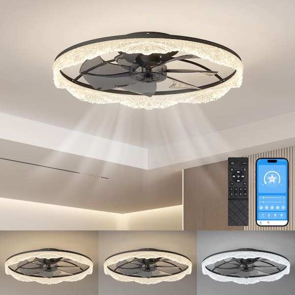 Virella 24 in. LED Indoor Black Bladeless Flush Mount Low Profile Ceiling Fan with Dimmable, 3-CCT, DC Motor, Remote
