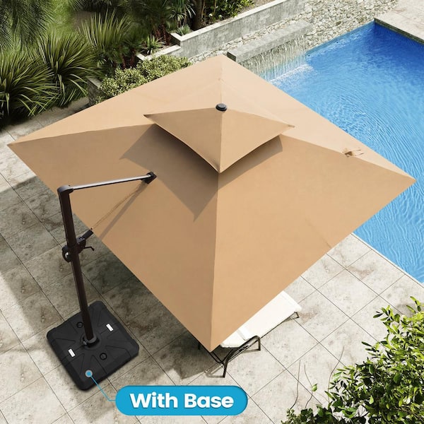 Crestlive Products 11 ft. x 11 ft. Double Top Cantilever Tilt Patio Umbrella in Tan Brown with 260 lbs. Base Stand