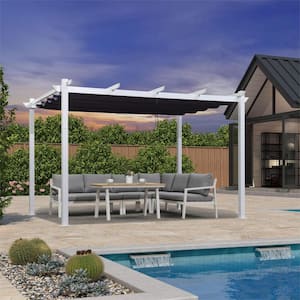 10 ft. x 12 ft. White Aluminum Frame Morden Pergola with Navy Blue Retractable Sun Shade Canopy for Garden Grill