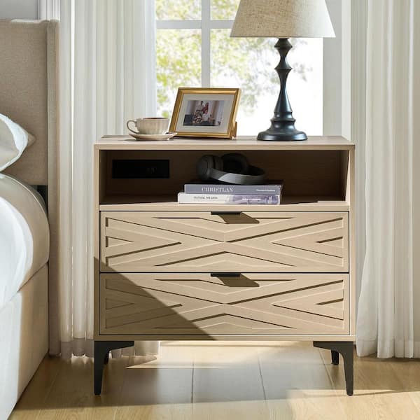 Ditma Oak 27 in. H Modern 2-Drawer Nightstand with Charging Port