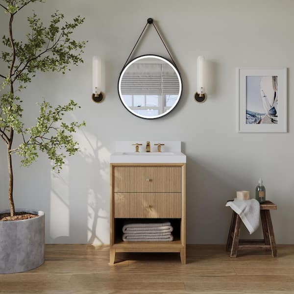 Momo 24 in. W Single Sink Freestanding Bath Vanity in American Oak with Alpines White Quartz Top