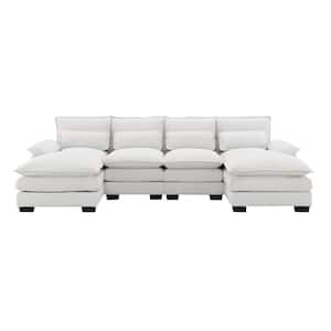 109.8 in. Square Arm Chenille U-Shaped Sofa with Waist Pillows in. White