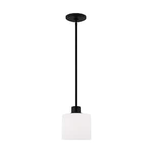 Canfield 1-Light Midnight Black Shaded Mini Pendant with LED Bulb and Etched White Glass Shade