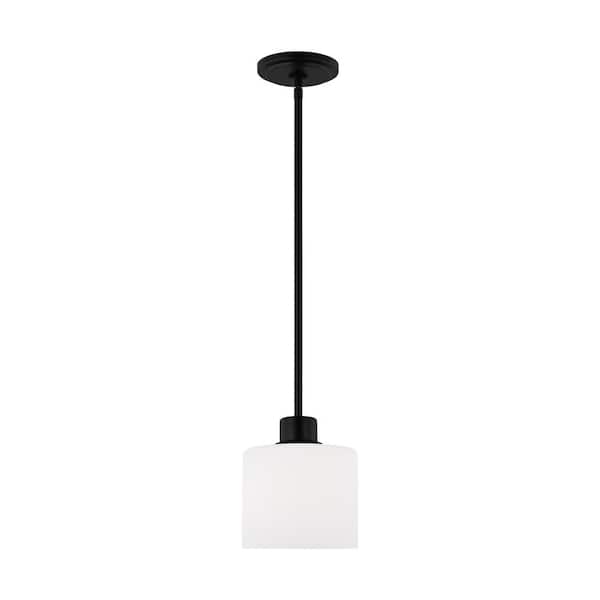 Generation Lighting Canfield 1-Light Midnight Black Shaded Mini Pendant With Etched White Glass Shade
