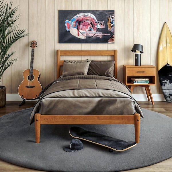 Mid-Century Modern Castanho Twin Size Slatted Headboard Platform Bed