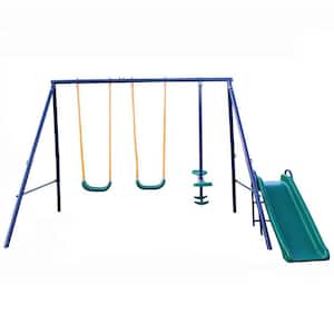Blue 4 in 1 Outdoor Metal Swing Set with Glider and Slide