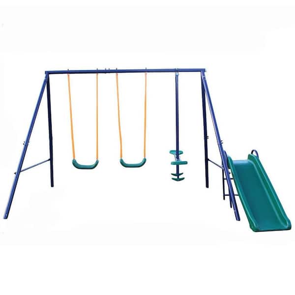 TIRAMISUBEST W1408XY60515 Blue 4 in 1 Outdoor Metal Swing Set with Glider and Slide - 1