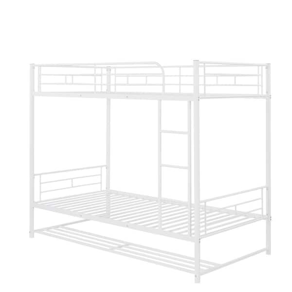 wetiny White Twin Over Twin Metal Bunk Bed with Shelf and Slatted Support No Box Spring Needed