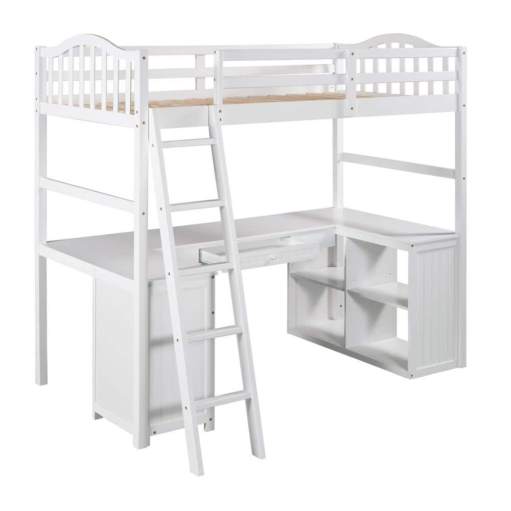 URTR White Twin Size Loft Bed with Desk, Loft Bed Frame with Drawer and ...